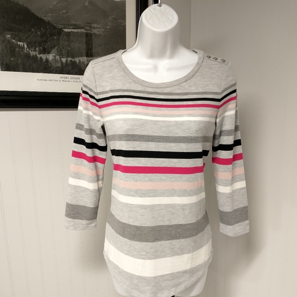 Liz Claiborne 3/4 Sleeve Knit Top Size Small Gray Multi Color Striped - Picture 1 of 6